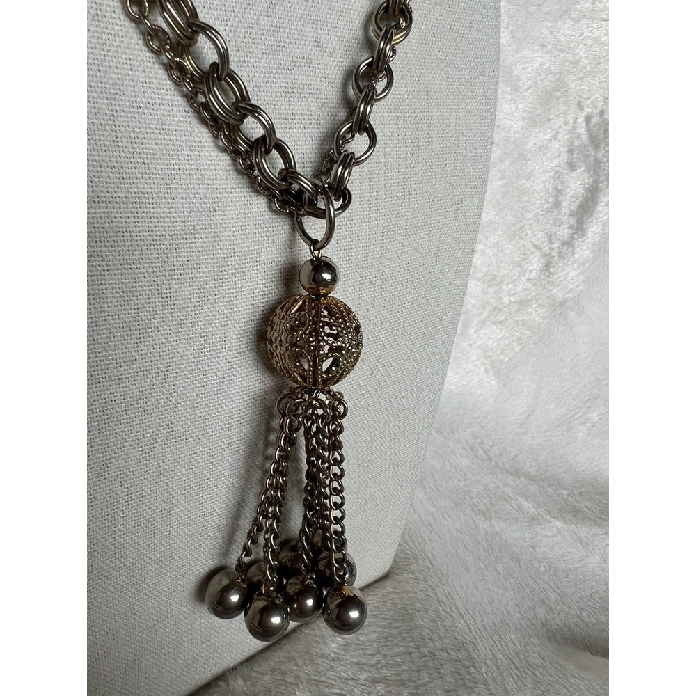 Tassel Necklace Gunmetal Chain Double Layered Statement 26" Long Edgy Y2K‎ Glam